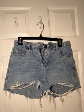 High-Rise Distressed Denim Shorts - Light Blue